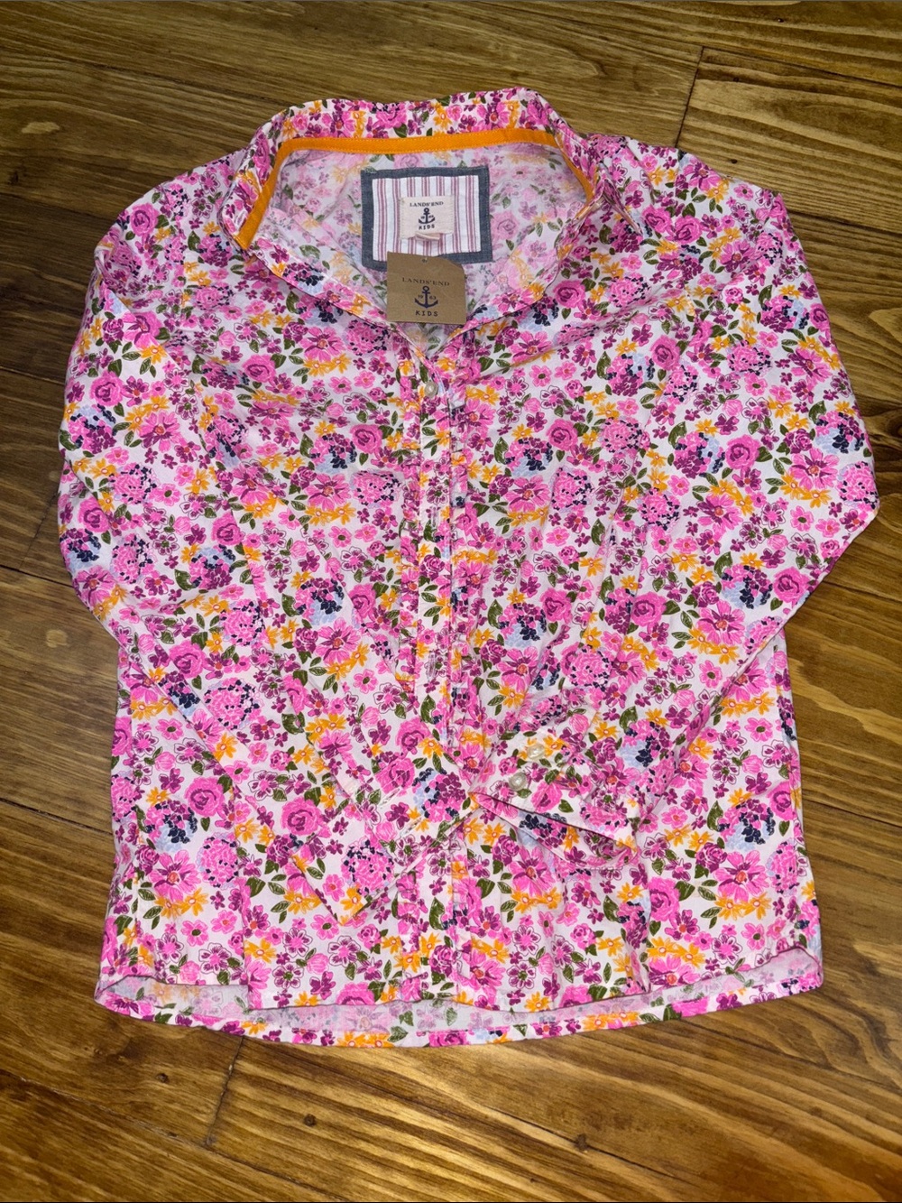 NWT Land’s End Kids Radiant Pink Flower Garden Button-up Girls Size 12